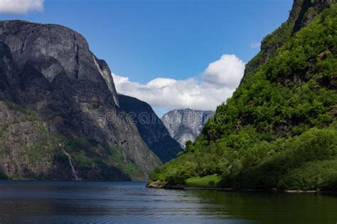 Beautiful Landscape Of Narrow Fjord And A Lake In Aurland Municipality