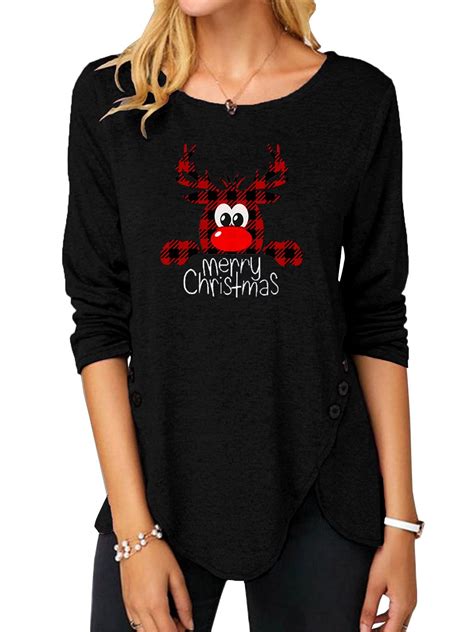 Womens Casual Long Sleeve Tunic Shirts Round Neck Button Side Blouses