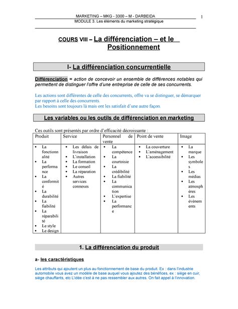 Cours 8 MODULE 3 Les éléments du marketing stratégique COURS VIII