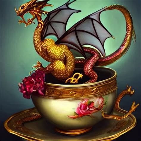 Tiny Jeweled Dragon Sitting In A Teacup Painting By Stable Diffusion