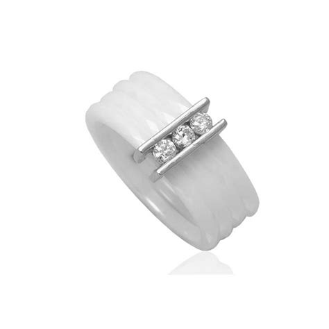 Bague Céramique Blanche Et Argent Massif Cristaux Oxyde de Zirconium T