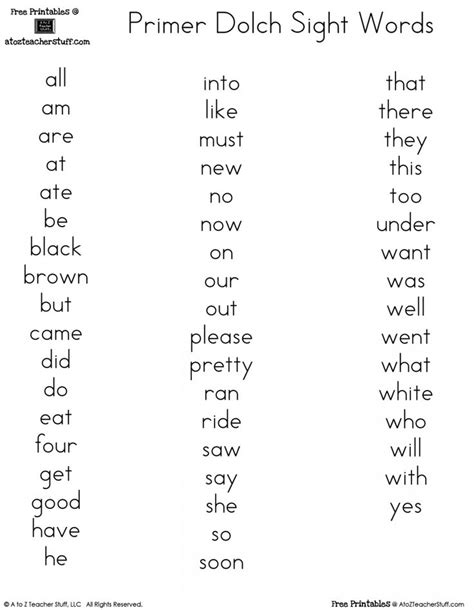 Pre Primer Dolch Sight Words List Printable