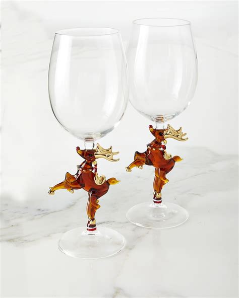 Neiman Marcus Christmas Reindeer 16 Oz Wine Glasses Set Of 2 Neiman