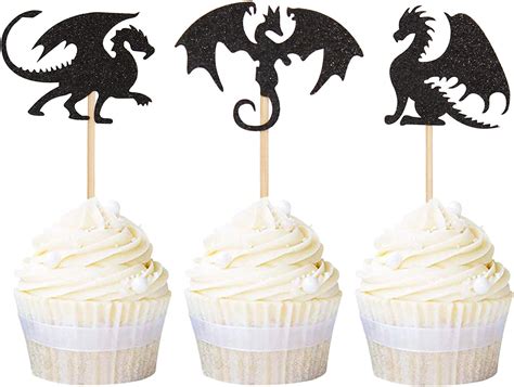 Ercadio Paquete de 24 adornos para cupcakes de dragón con purpurina