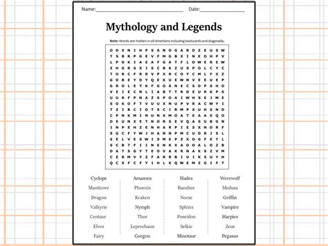 Mythology And Legends Word Search Puzzle Worksheet Activity Teaching