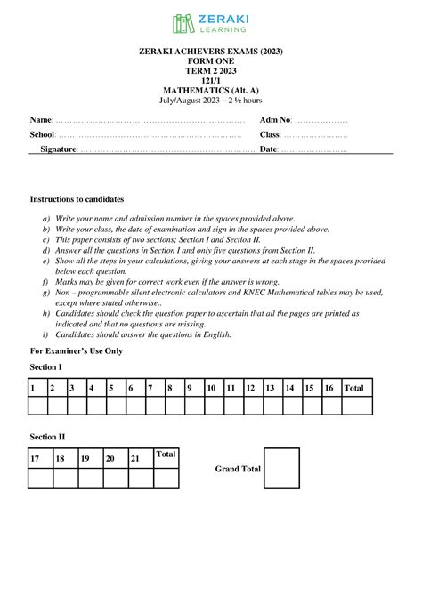 Mathematics Maths Form 1 Question Paper Zeraki Achievers Exams