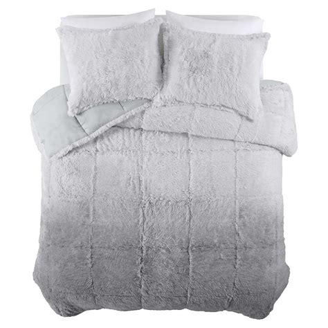 Mainstays Shaggy Faux Fur 3 Piece Grey Comforter Bed Set Comforter And