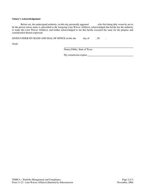 Lien Waiver Affidavit By Subcontractor Texas In Word And Pdf Formats Page 2 Of 3