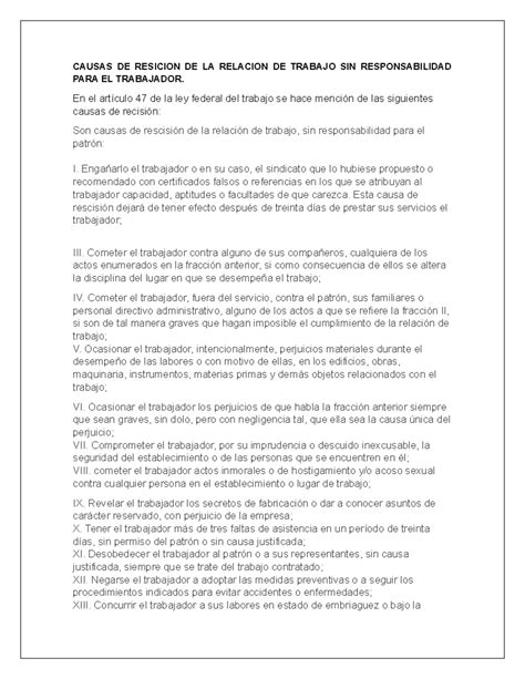 Causas De Resicion De La Relacion De Trabajo Sin Responsabilidad Para