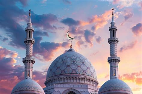 Mosques Dome On Dark Blue Twilight Sky And Crescent Moon On Background