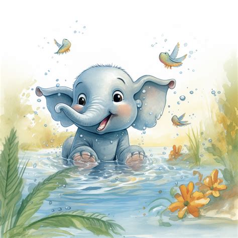 Baby Elephant Art Print Butterflies Smiling Elephant Cartoon