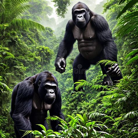 Strong AI Generated Gorillas In The Jungle Stock Illustration