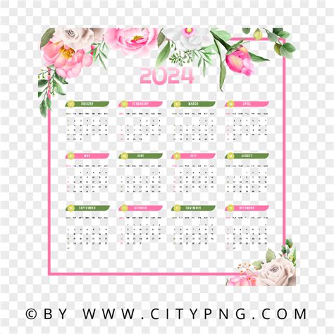 HD 2024 Calendar Decorated With Roses PNG Citypng