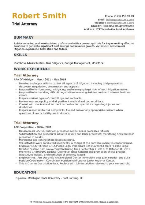 Trial Attorney Resume Samples | QwikResume