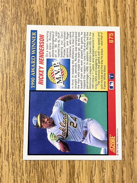 1991 Score Rickey Henderson MVP Award Winner Oakland Athletics 875