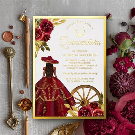 Burgundy Red Floral Dress Charro Quinceanera Gold Foil Invitation Zazzle