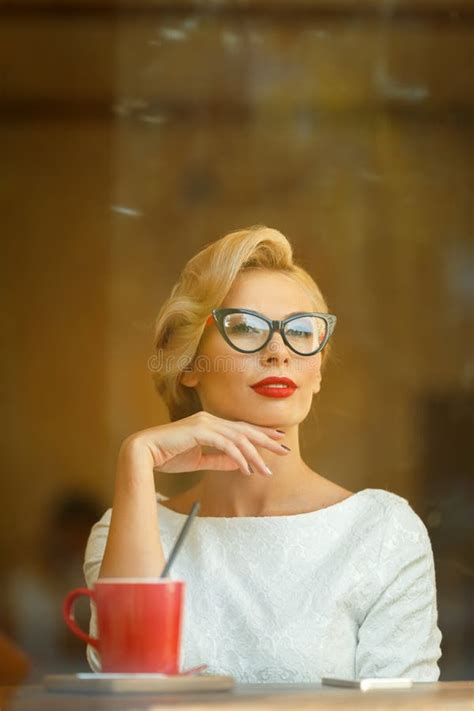 Blonde In Retro Look Resting In Cafe Stock Photo Image Of Hairstyle