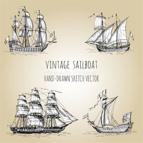 Old Caravel Vintage Sailboat Hand Drawn Vector Sketch Stock