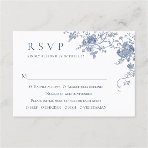 Elegant Vintage Blue French Garden Floral Wedding RSVP Card Zazzle