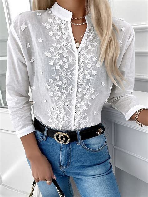 Damen Hemd Bluse Wei Blumen Glatt T Glich Wochenende Langarm V