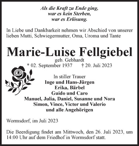 Traueranzeigen Von Marie Luise Fellgiebel Abschied Nehmen De