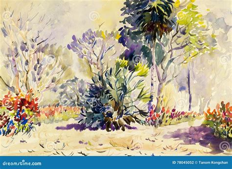 Watercolor Painting Original Landscape Colorful Of Flower Garden Stock