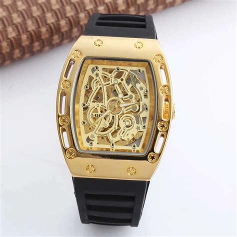 GOER Tonneau Skeleton Skull Men's Mechanical Watch Luxury Business Men's Watches Leather Dress ...