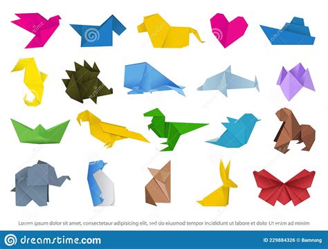 Origami Tiere Setzen Farbiges Kunstpapier Vektorbild Vektor Abbildung Illustration Von Kreativ