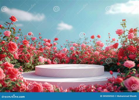 Photo White Podium On Red Rose Garden Perfect For Cosmetic