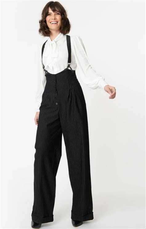 Unique Vintage 1930s Black And White Pin Stripe Thelma Suspender Pants