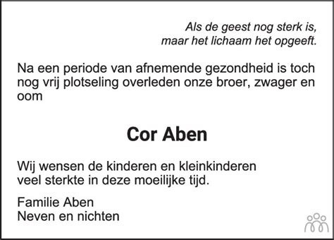 Cor Cornelis Henricus Johannes Aben Overlijdensbericht En