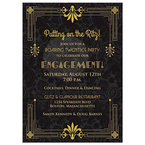 Roaring S Engagement Party Invitation Black Gold Art Deco