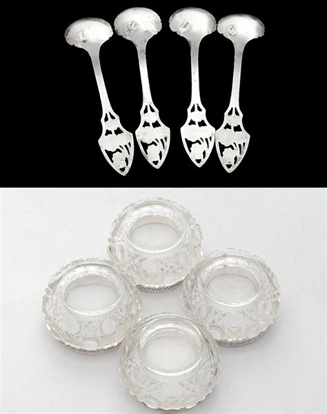 Antique Sterling Silver Mounted Crystal Open Salt Cellars And Spoons From