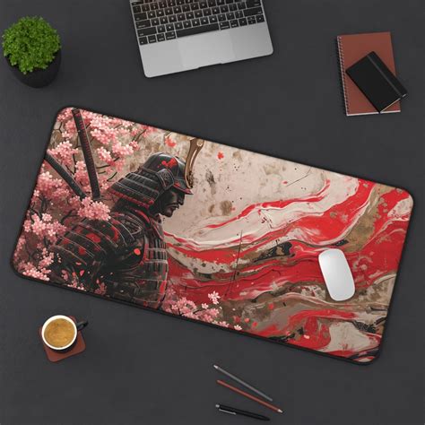 Samurai Desk Mat Japanese Cherry Blossom Mouse Pad Oni Demon XL