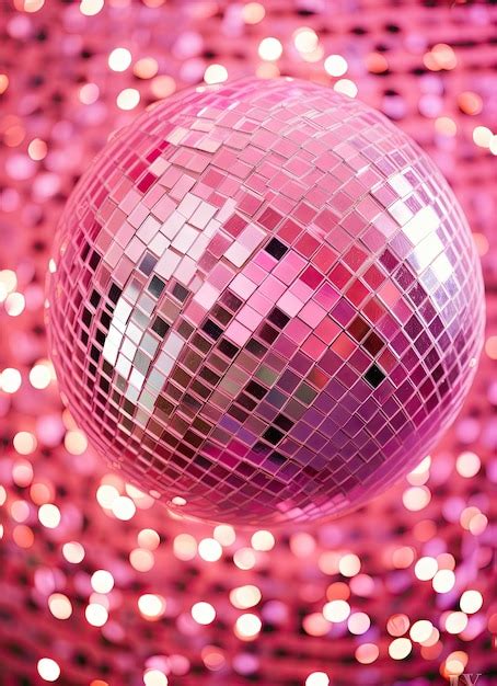 Una pelota de discoteca delante de brillo rosa y púrpura empapelado con