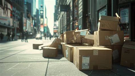 Piles Of Cardboard Boxes On A Busy City Street Generative Ai Stock