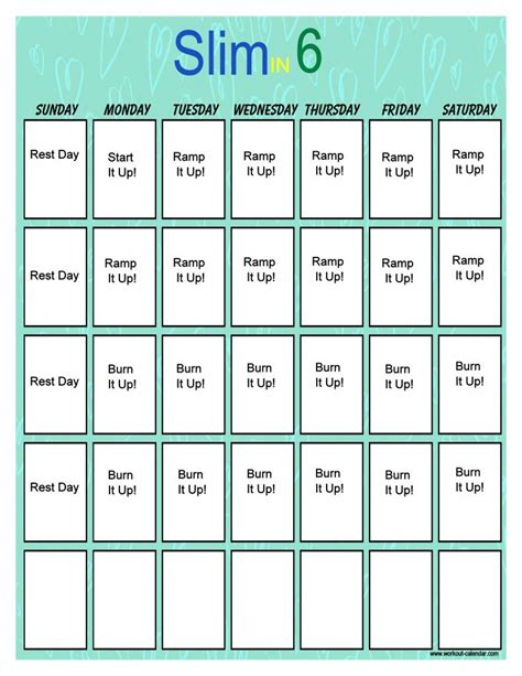 Slim in 6 Workout Calendar Vertical | Workout calendar, Slim in 6 ...