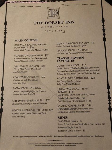 Online Menu of The Dorset Inn Restaurant Restaurant, Dorset, Vermont ...