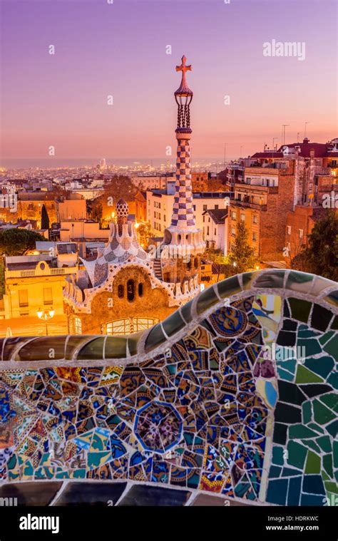 Park Guell with city skyline behind at sunset, Barcelona, Catalonia ...