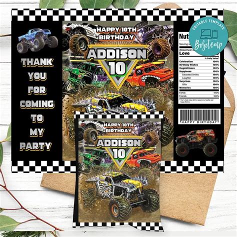 Monster Truck Birthday Party Chip Bag Digital File Diy Bobotemp