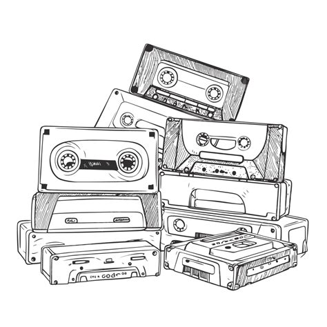 Drawing Of A Bunch Of Cassettes In A Stack Outline Sketch Vector Wing Drawing Cassette Drawing