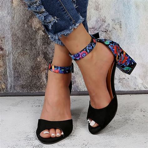 Women S Flower Floral Printed Block High Heel Sandal Open Toe Chunky