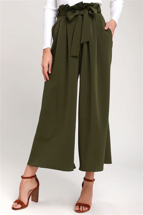 Cute Olive Green Pants Wide Leg Pants Paper Bag Waist Pants Lulus