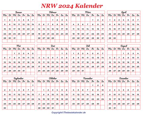 Sommerferien Nrw Kalender Zum Ausdrucken