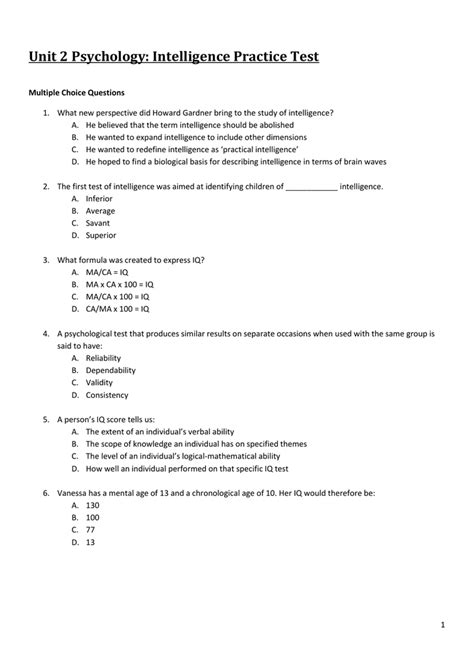 Unit 2 Psychology Intelligence Practice Test