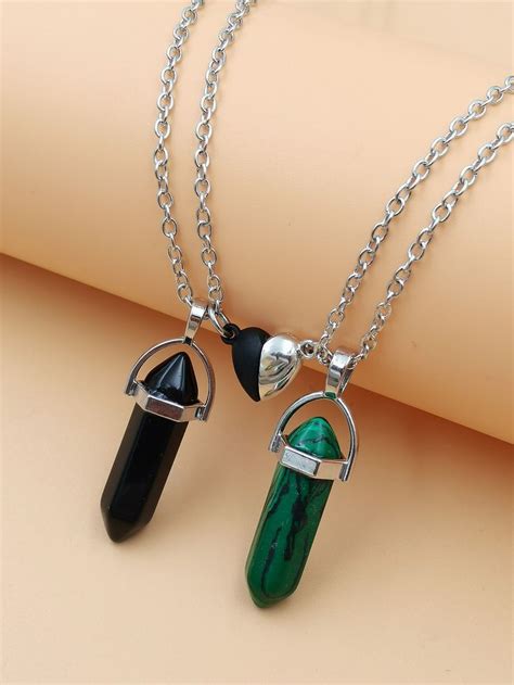 Pcs Couple Magnetic Heart Stone Pendant Necklace In Pretty