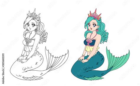 Anime style pretty mermaid with curly green hair and fish tail. Sitting ...