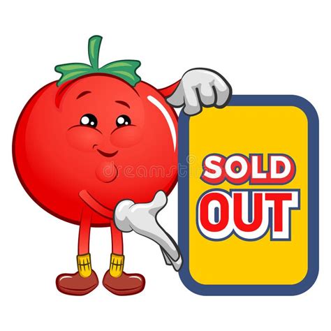 Vector Mascot Character Of Cute Tomato Showing A Sold Out Sign Stock