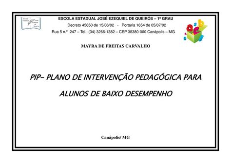 Plano De Intervenção Pedagógica Para Alunos Dificuldade De