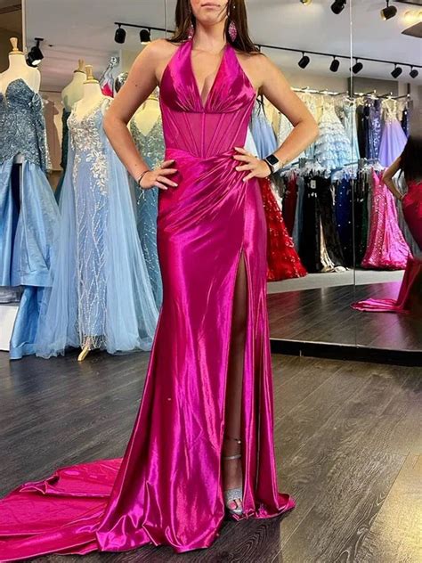 Trumpet Mermaid Halter Silk Like Satin Sweep Train Prom Dresses With